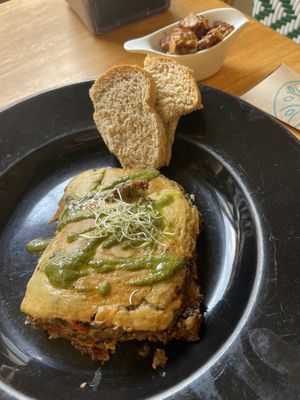 Eggplant musaka and extra tempehh  at La Bruja Vegan Foods in Antigua