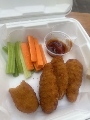 Nuggets! Comes with 6 but ate 2 1/2 before the pic. Bbq sauce is awesome!!!  at La Bruja Vegan Foods in Antigua