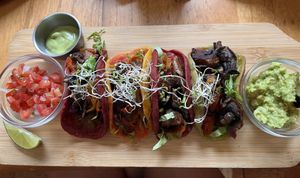 Tacos with seitan  at La Bruja Vegan Foods in Antigua