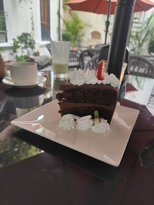Chocolate cake at La Bruja Vegan Foods in Antigua