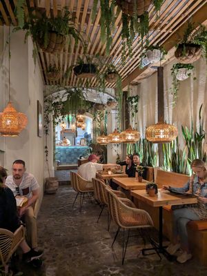 Inside the restaurant at La Bruja Vegan Foods in Antigua