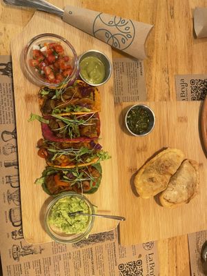 Seitan + mushroom tacos   at La Bruja Vegan Foods in Antigua