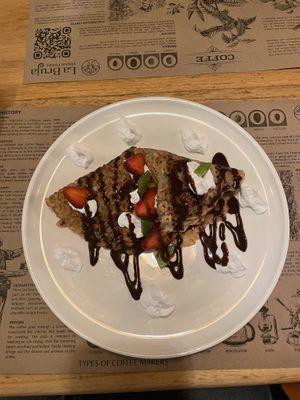 Chocolate crepe with star berries + kiwi   at La Bruja Vegan Foods in Antigua