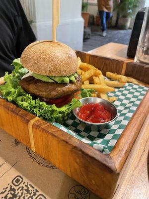 Seitan burger   at La Bruja Vegan Foods in Antigua