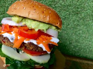 Una delicia la hamburguesa de quinoa! at La Bruja Vegan Foods in Antigua