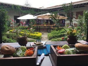 Courtyard views while eating delicious burgers.  at La Bruja Vegan Foods in Antigua