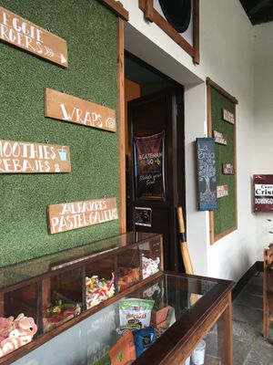 Outside of shop at La Bruja Vegan Foods in Antigua