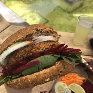 Lentil burger  at La Bruja Vegan Foods in Antigua