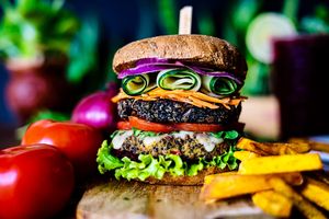 mega vegan burger at La Bruja Vegan Foods in Antigua