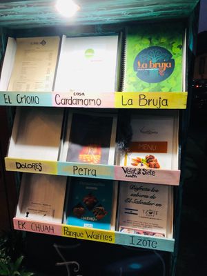 Menu in the top right hand corner at La Bruja Vegan Foods in Antigua