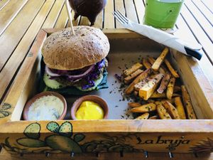 Fantastic! Lentil burger. Ask the staff for recommendations on burger sauce pairings 😋 at La Bruja Vegan Foods in Antigua