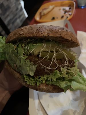 Seitan burger at La Bruja Vegan Foods in Antigua