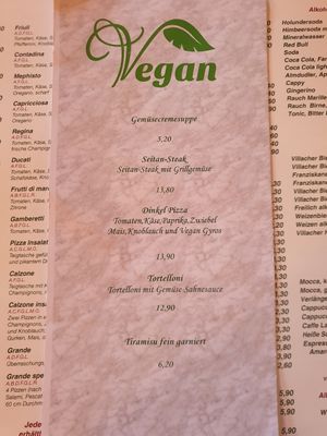 Vegan menu (seems to be changing over time) at Restaurant Pizzeria Dobner in Villach