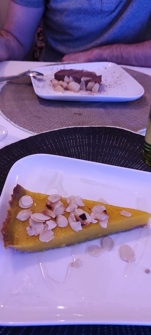 Lemon tart (vegan) and chestnut pudding (vegan). at Une Cuillère Pour Maman in Bergerac