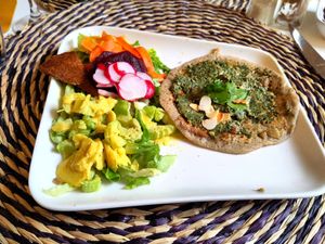 Blini and salad at Une Cuillère Pour Maman in Bergerac