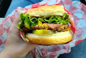 Deluxe bacon cheeseburger at Santana's Vegan Grill in Colorado Springs