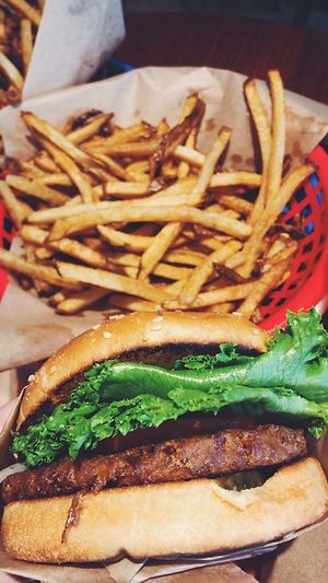 Veggie burger with fries. at Santana's Vegan Grill in Colorado Springs