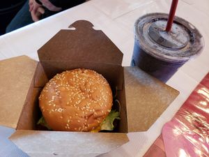 Bacon Cheeseburger with berry kale smoothie at Santana's Vegan Grill in Colorado Springs