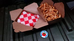 the Bacon Cheeseburger & regular fries at Santana's Vegan Grill at Santana's Vegan Grill in Colorado Springs