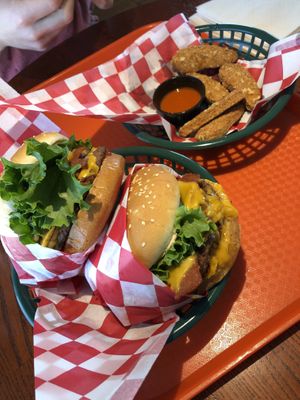 2 double bacon cheezeburgers and buffalo chicken strips  at Santana's Vegan Grill in Colorado Springs