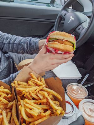 "Chicken" Sandwich, Fries, and Strawberry lemonade at Santana's Vegan Grill in Colorado Springs