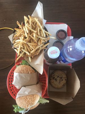Burgers, Fries, and Cookies.  at Santana's Vegan Grill in Colorado Springs