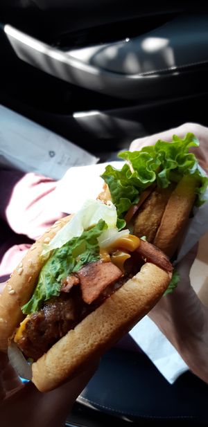 Deluxe bacon Cheeseburger at Santana's Vegan Grill in Colorado Springs