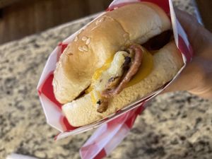 Bacon, egg, and cheese burger at Santana's Vegan Grill in Colorado Springs