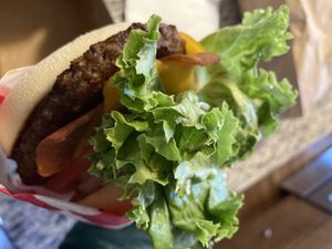 Deluxe bacon cheeseburger at Santana's Vegan Grill in Colorado Springs