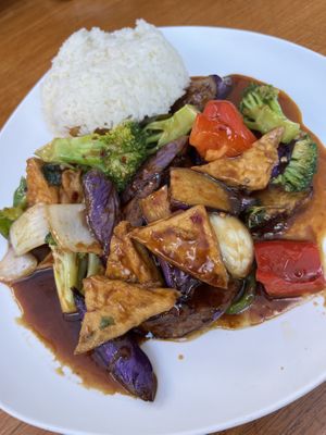 Basil Eggplant & Tofu in Garlic Sauce (added broccoli)  at Koto Grill & Sushi in Salem