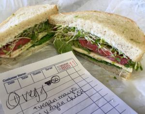 vegg sandwich with vegan mayo, vegan cheese at Watson's Veggie Garden in Visalia