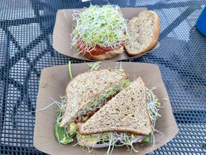 Tofu burger (top) and toasted eggless (bottom)  at Watson's Veggie Garden in Visalia