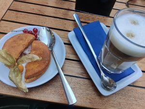 Strawberry Cheesecake Pancakes and Soy Latte at Umaii Ramenbar in Leipzig