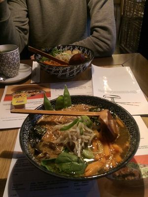 Vegan Ramen with lots of veggies and fried tofu at Umaii Ramenbar in Leipzig