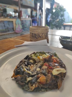 Vegan memela at Mercado Organico La Cosecha in Oaxaca