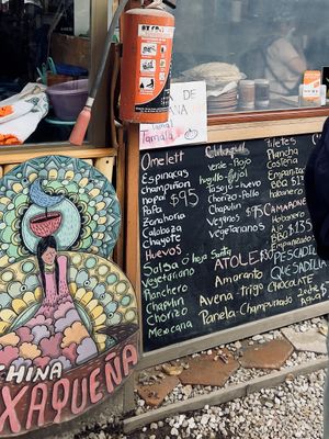Labeled vegan chilaquiles   at Mercado Organico La Cosecha in Oaxaca