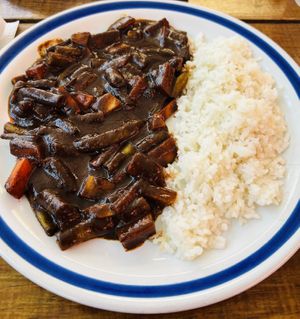 Mole negro with rice  at Mercado Organico La Cosecha in Oaxaca