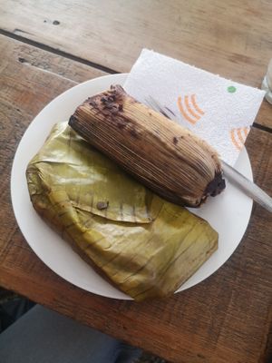 Tamales one with frijoles and one with mushrooms at Mercado Organico La Cosecha in Oaxaca