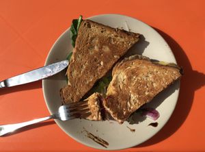 TweedleDee roasted beetroot, vegan cheese, chilli flakes and spinach  at Coffee & Carrot in Eastbourne