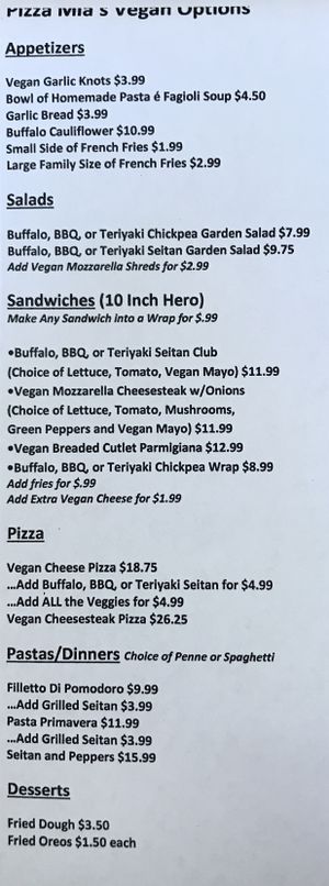 Current Vegan options at Pizza Mia (New Windsor) at Pizza Mia in New Windsor