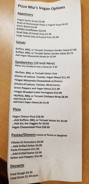 Vegan menu at Pizza Mia in New Windsor