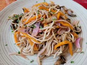 Pasta with veggies at Cafe Fusiones Chachapoyas in Chachapoyas