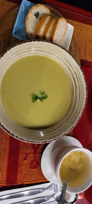 Leek soup and apple tea at Cafe Fusiones Chachapoyas in Chachapoyas