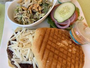 Impossible burger with vegan cheese, spicy vegan mayo, vegan coleslaw. Yum!  at Sanibel Fresh in Sanibel
