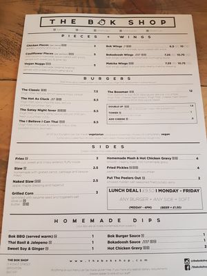 Menu at The Bok Shop in Brighton