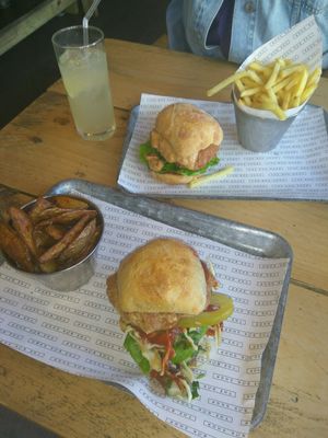 Vegan "Hot as Cluck" and "Satay Night Fever" burgers at The Bok Shop in Brighton