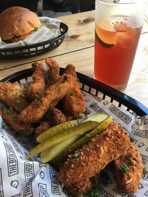 Frickles (fried pickles) and vegan tenders at The Bok Shop in Brighton