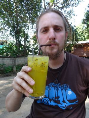 fat vegan drinking good passion fruit shake :) at Waengbun Lampang in Lampang
