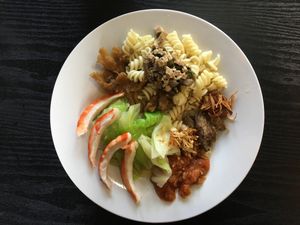 Pasta , mock meat , salad 99 baht  at Waengbun Lampang in Lampang