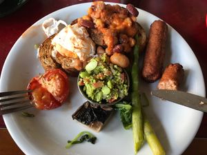 Low-quality vegetarian sausage and over-cooked egg let the otherwise decent breakfast down at Akva in Edinburgh